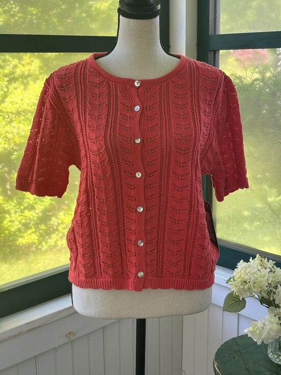 Olivia Grey Sweaters - Olivia Grey Pointelle Cardigan Size Medium Coral NWT DailyLook